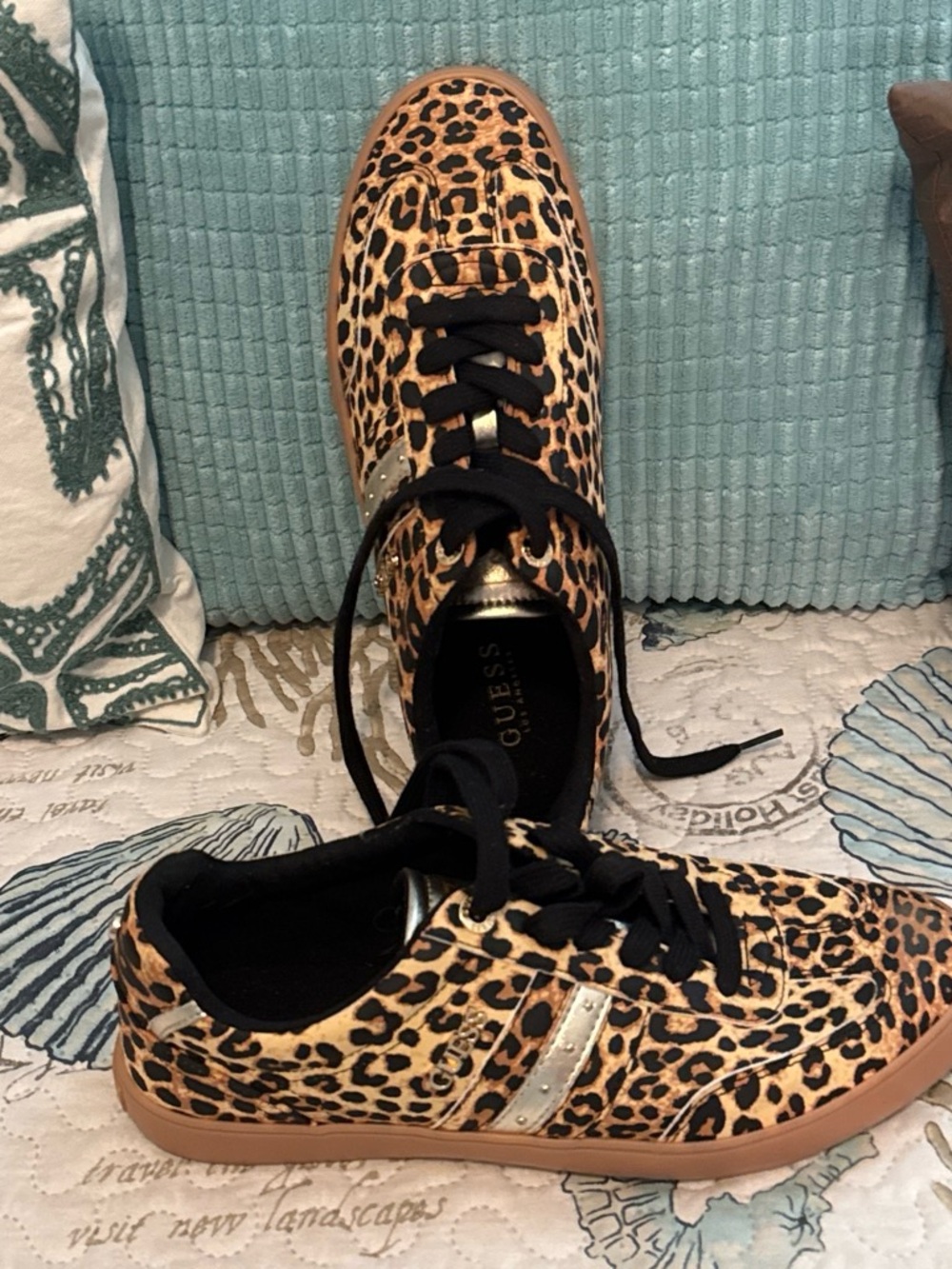 GUESS Leopard-Print Sneakers in Black and Tan with Gold Stripe
